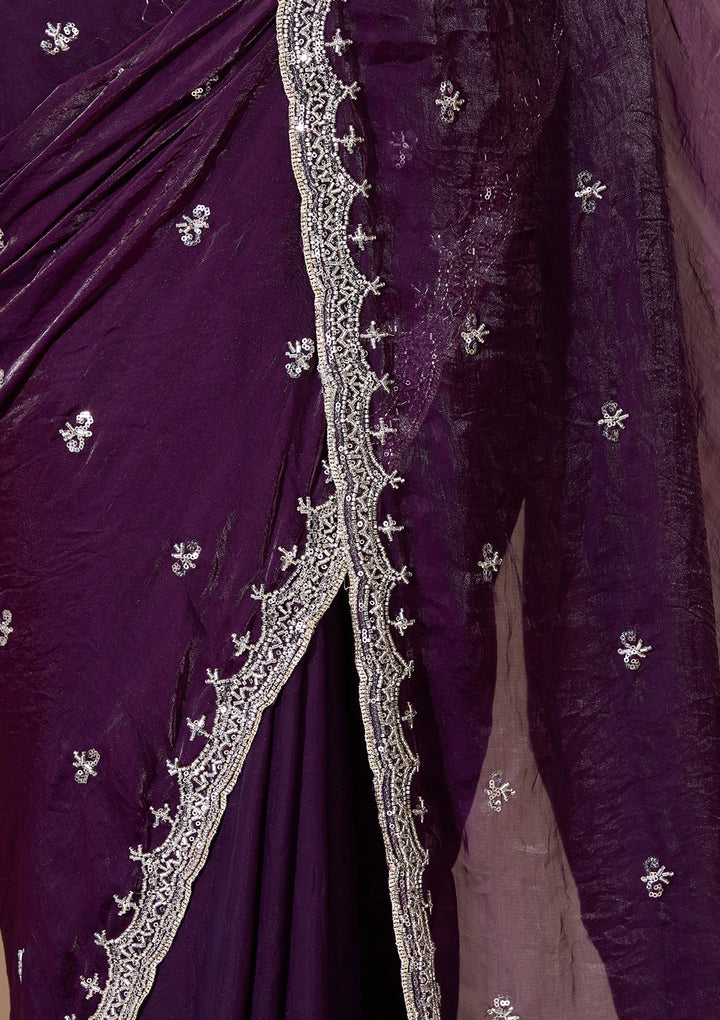 Purple Tissue Cutdana Saree With Matching Blouse Piece