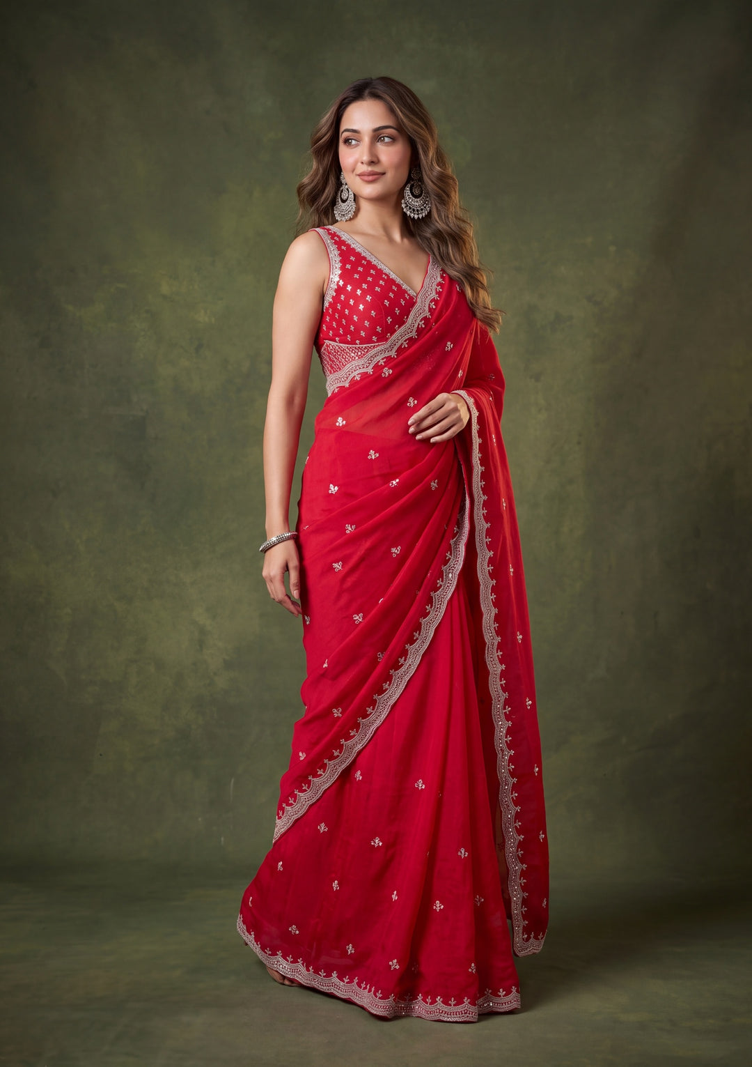 Red Tissue Cutdana Saree With Matching Blouse Piece
