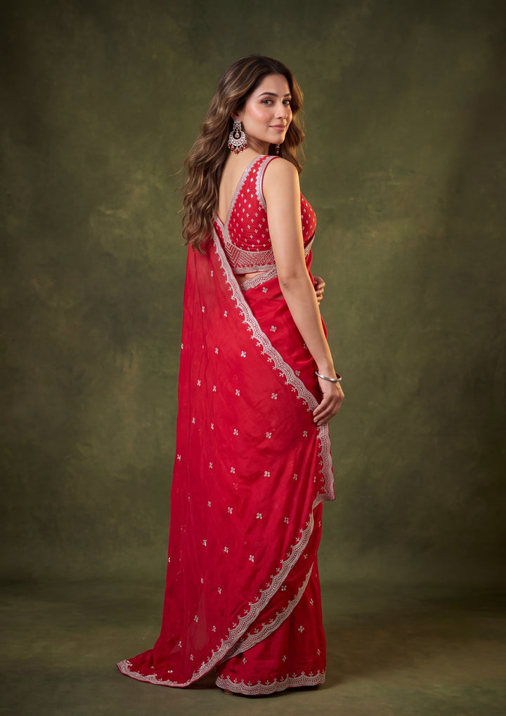 Red Tissue Cutdana Saree With Matching Blouse Piece