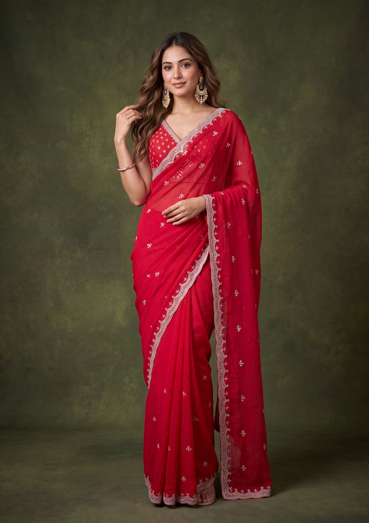 Red Tissue Cutdana Saree With Matching Blouse Piece