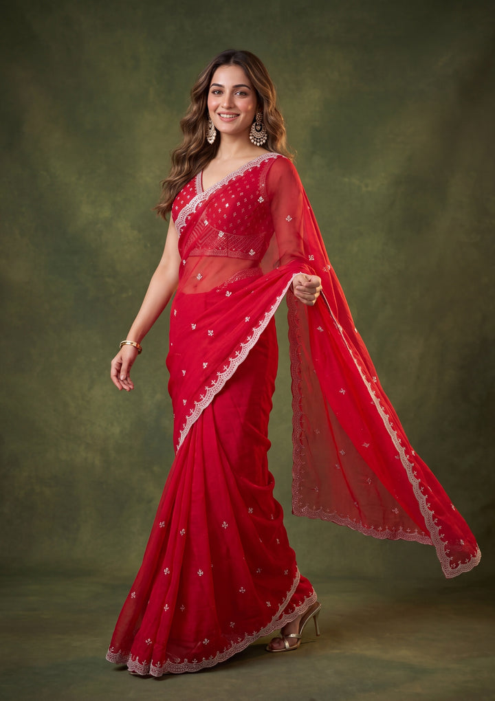 Red Tissue Cutdana Saree With Matching Blouse Piece