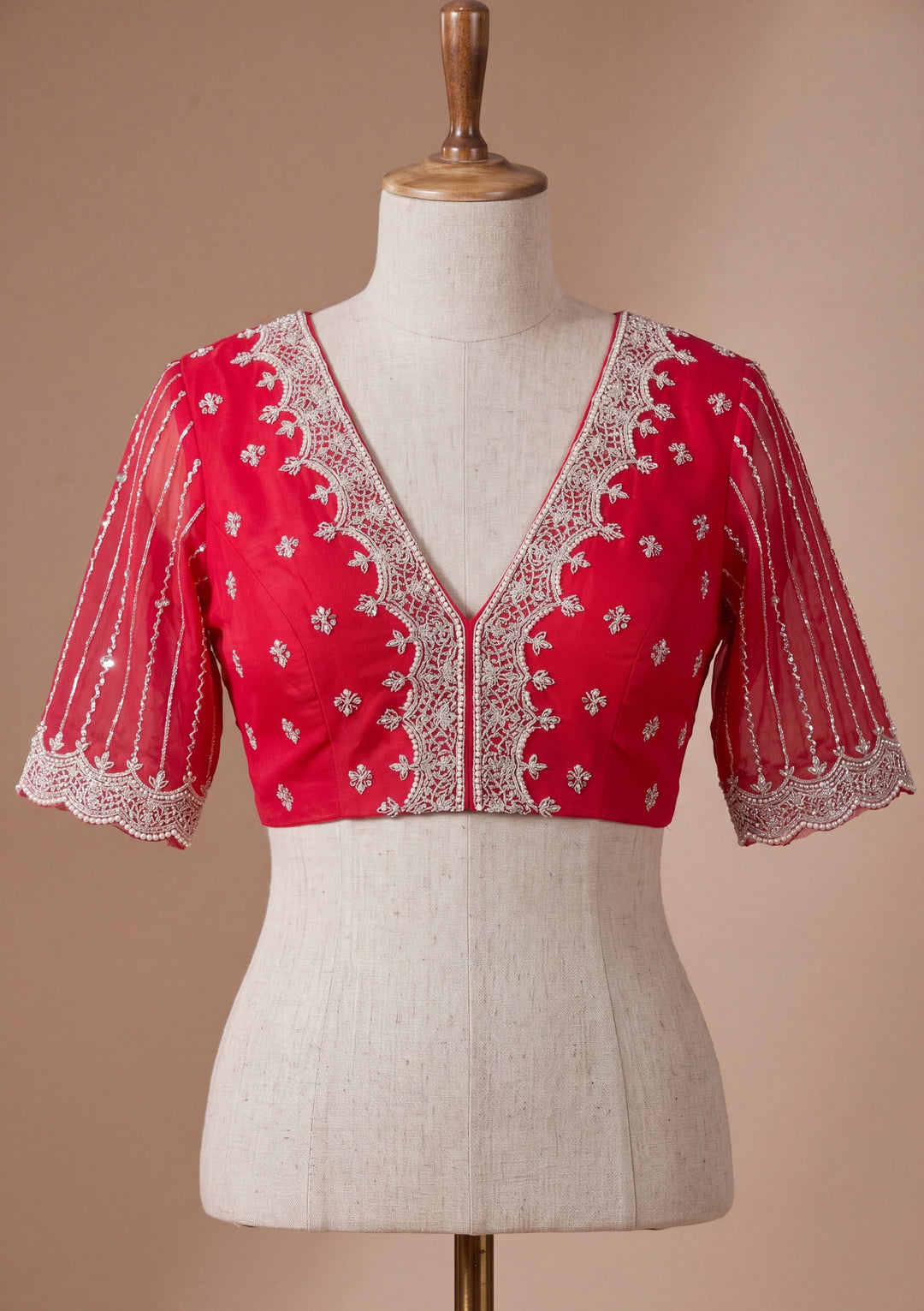 Red Tissue Cutdana Saree With Matching Blouse Piece