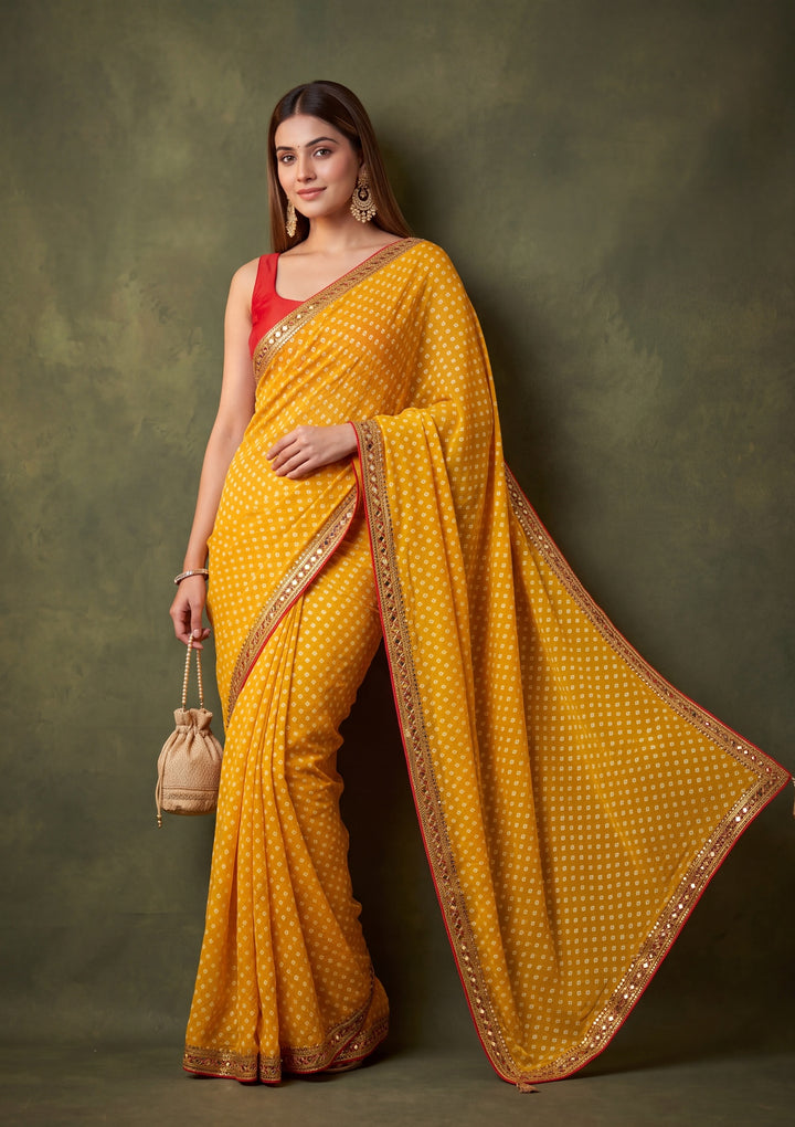 Mustard Yellow Chanderi Mirrorwork Saree With Matching Blouse Piece