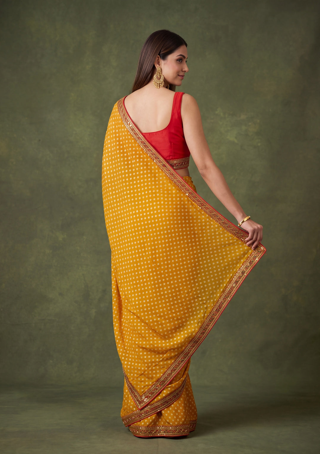 Mustard Yellow Chanderi Mirrorwork Saree With Matching Blouse Piece