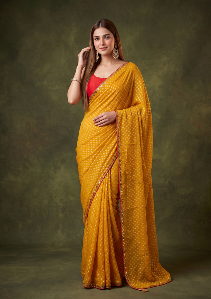 Mustard Yellow Chanderi Mirrorwork Saree With Matching Blouse Piece