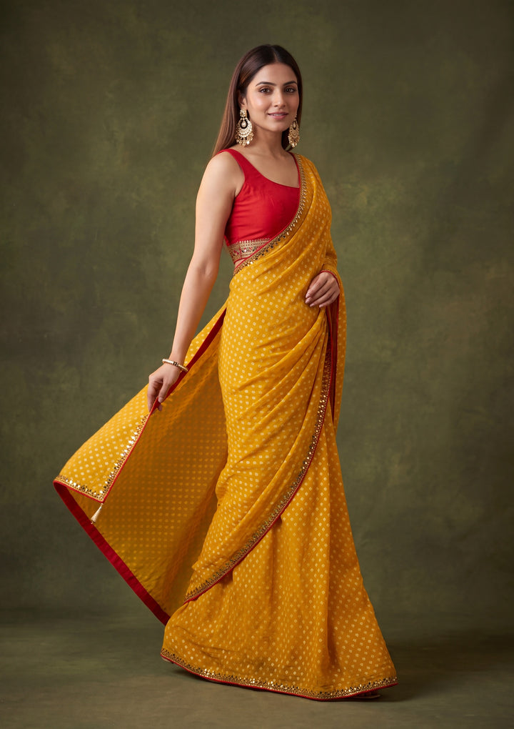 Mustard Yellow Chanderi Mirrorwork Saree With Matching Blouse Piece
