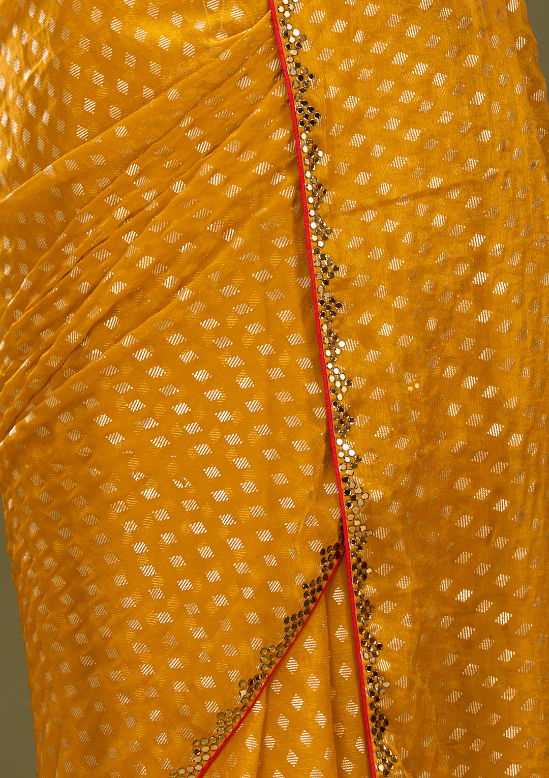 Mustard Yellow Chanderi Mirrorwork Saree With Matching Blouse Piece