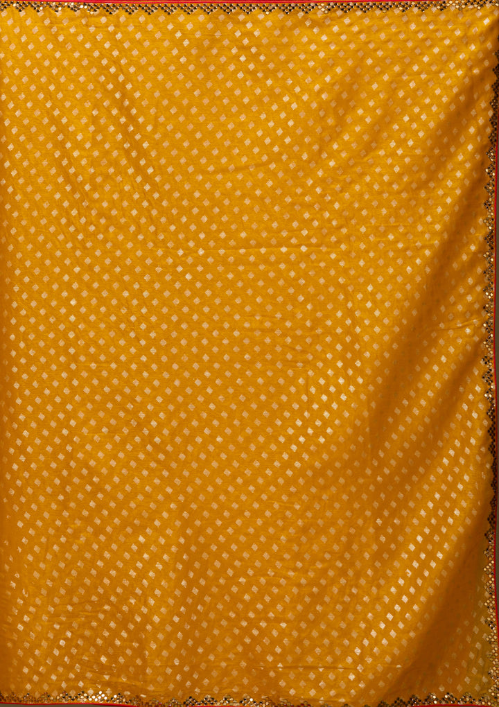 Mustard Yellow Chanderi Mirrorwork Saree With Matching Blouse Piece