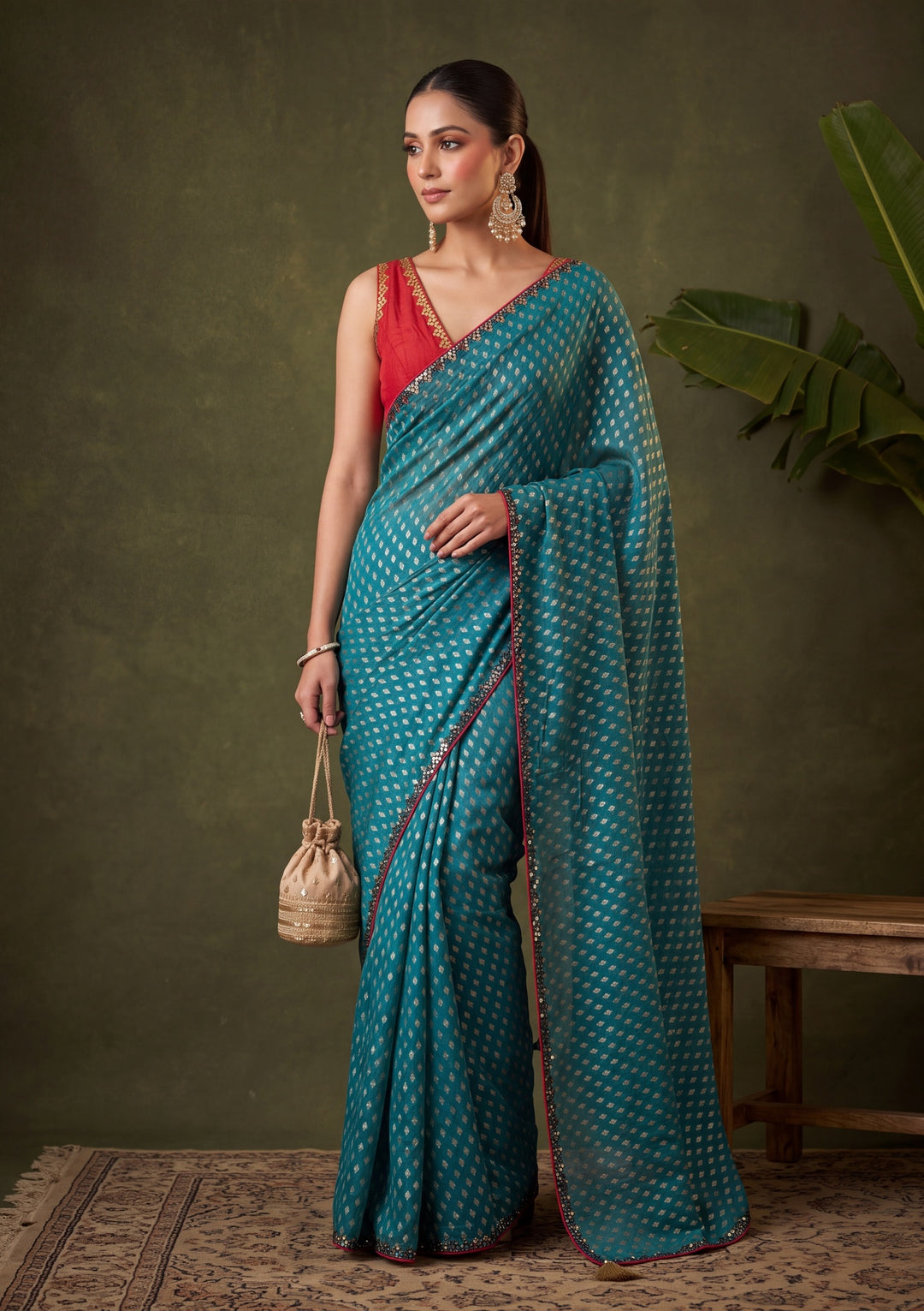 Peacock Blue Chanderi Mirrorwork Saree With Matching Blouse Piece