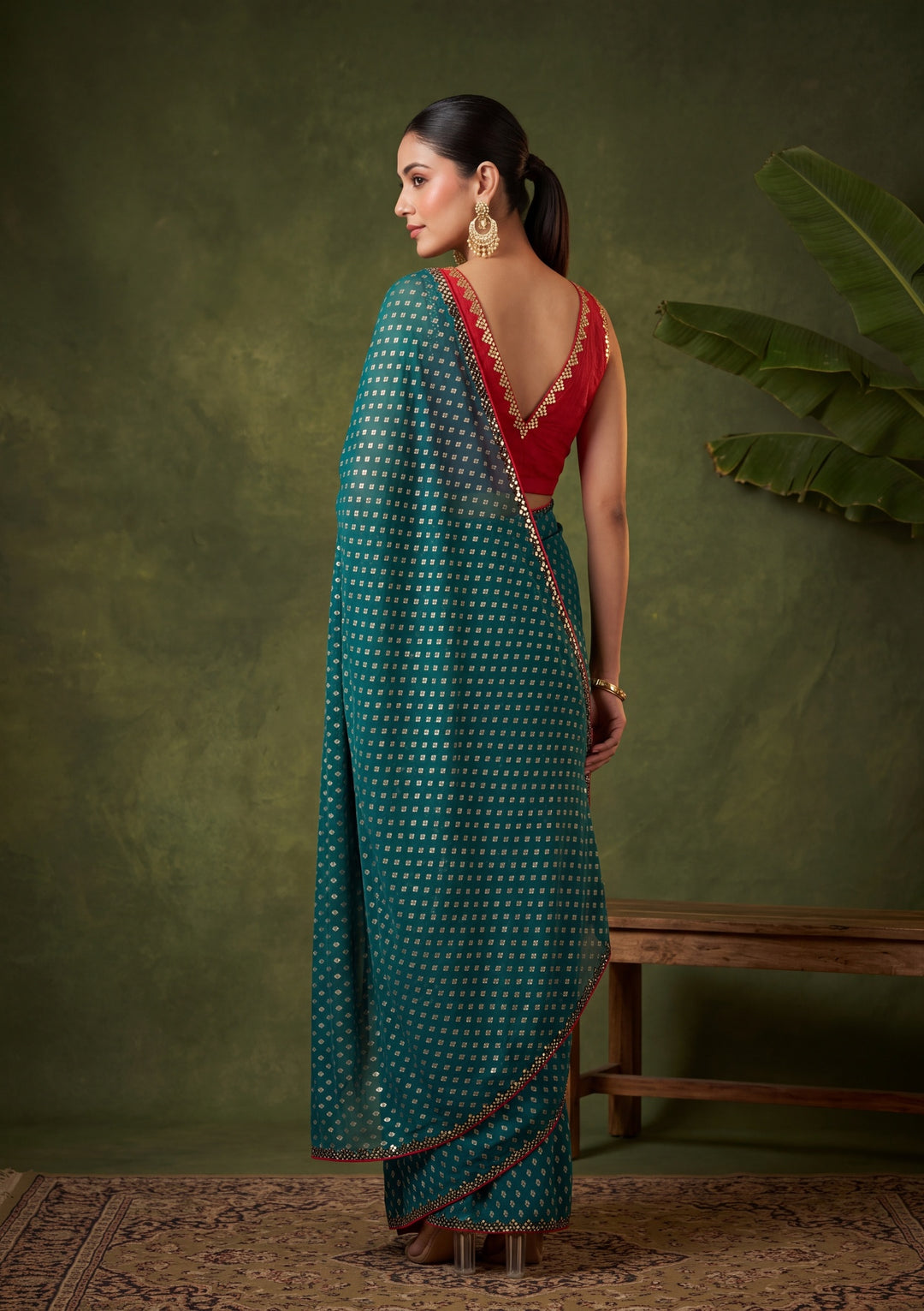 Peacock Blue Chanderi Mirrorwork Saree With Matching Blouse Piece