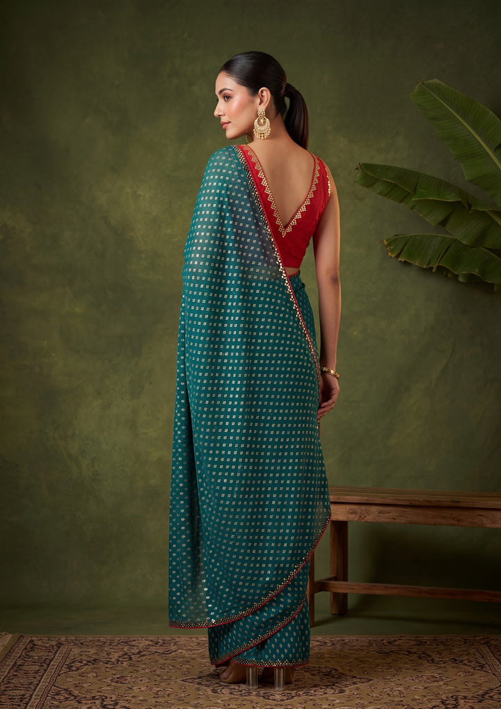 Peacock Blue Chanderi Mirrorwork Saree With Matching Blouse Piece