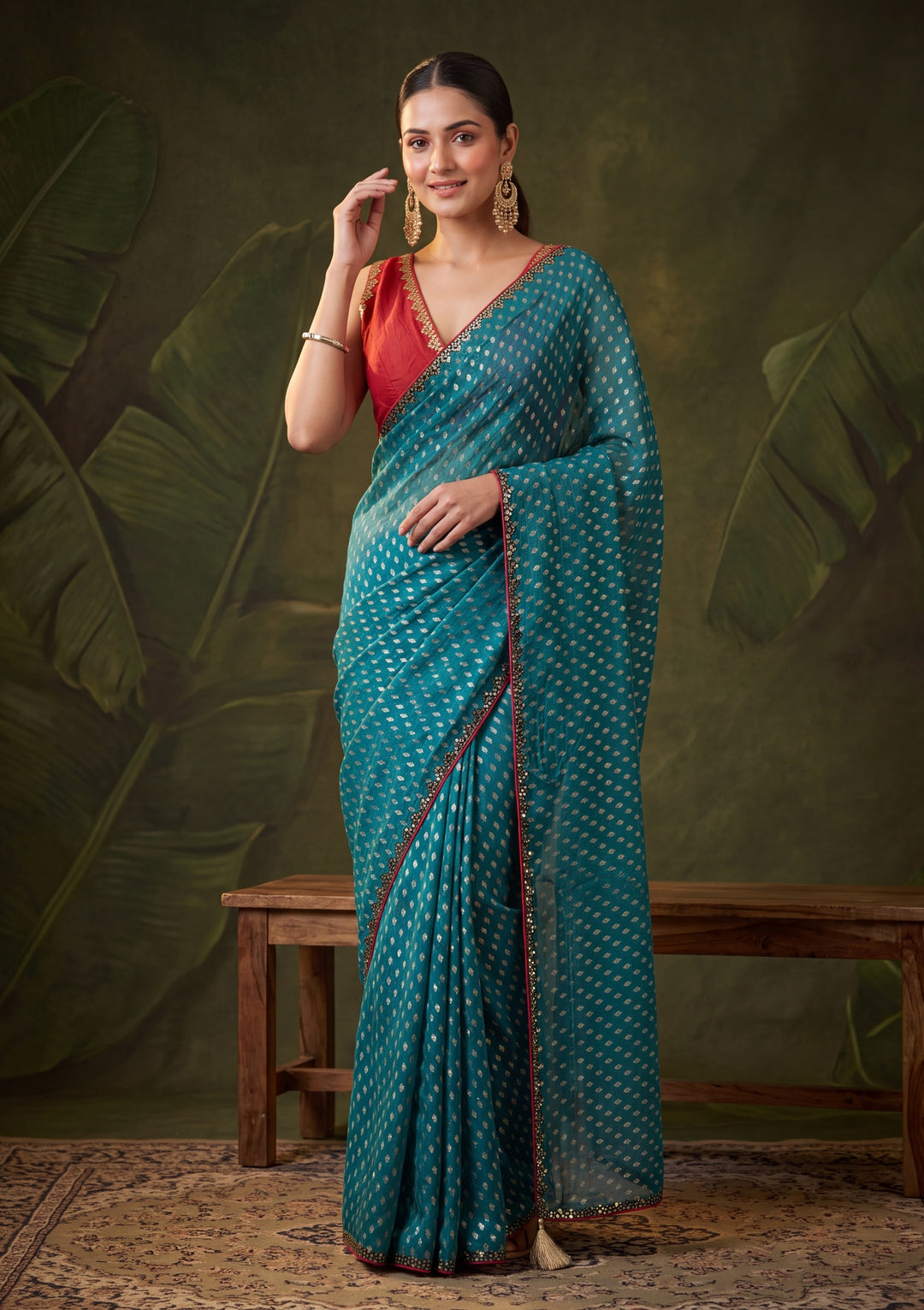 Peacock Blue Chanderi Mirrorwork Saree With Matching Blouse Piece