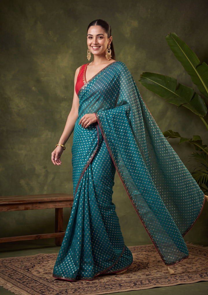 Peacock Blue Chanderi Mirrorwork Saree With Matching Blouse Piece