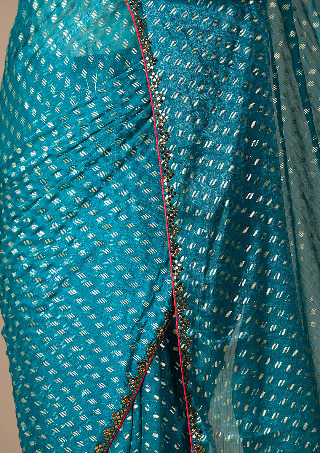Peacock Blue Chanderi Mirrorwork Saree With Matching Blouse Piece