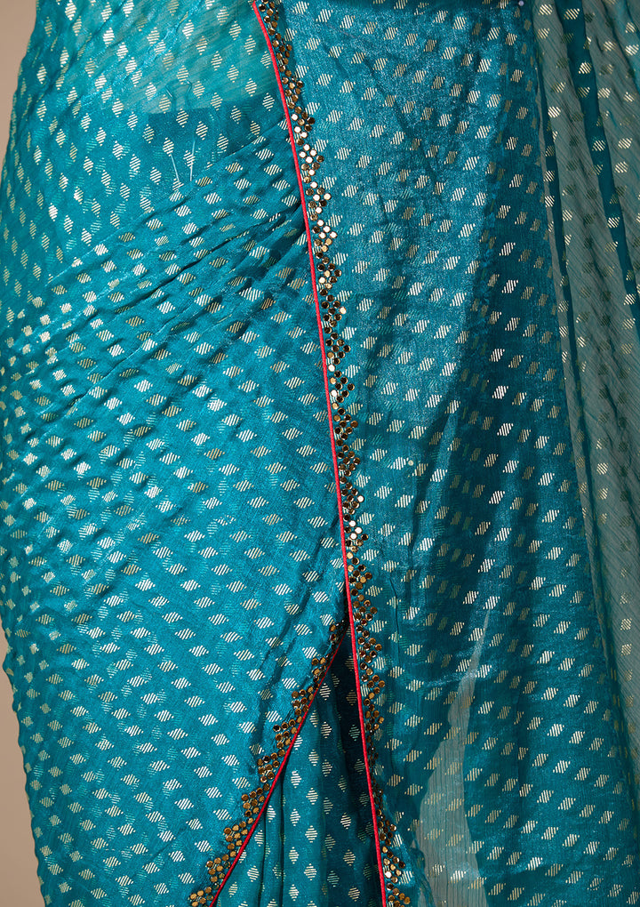 Peacock Blue Chanderi Mirrorwork Saree With Matching Blouse Piece