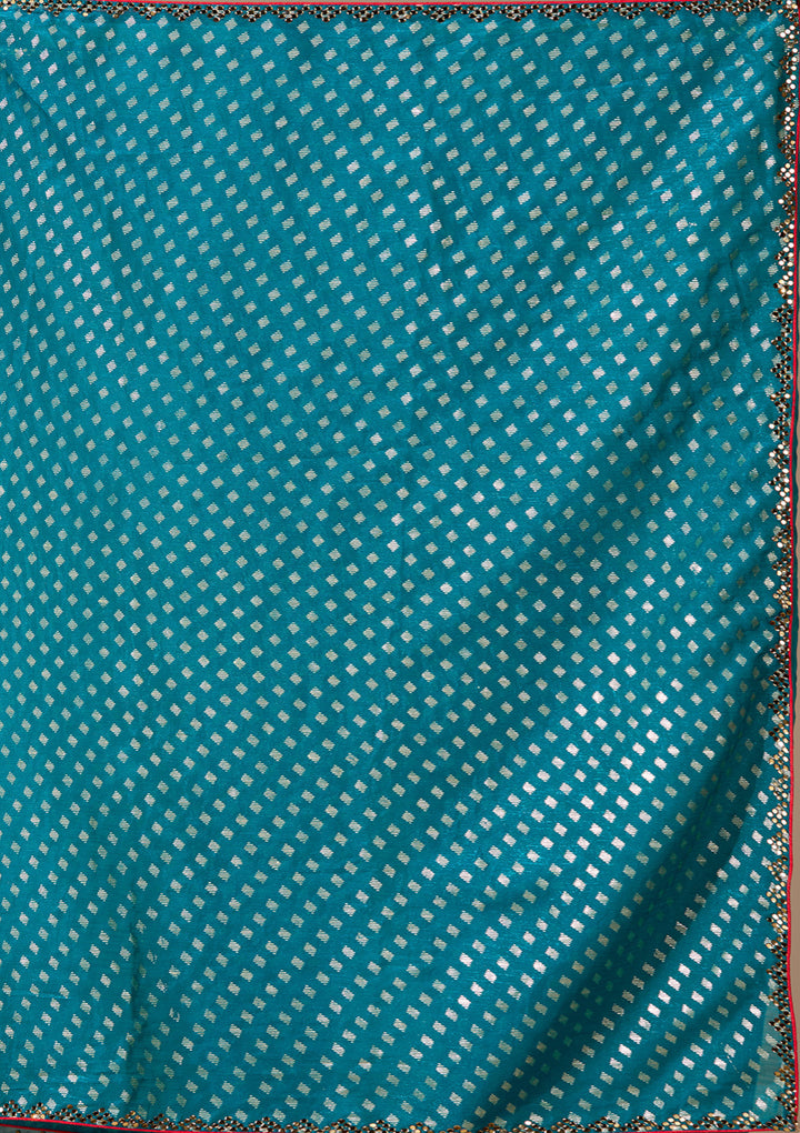 Peacock Blue Chanderi Mirrorwork Saree With Matching Blouse Piece