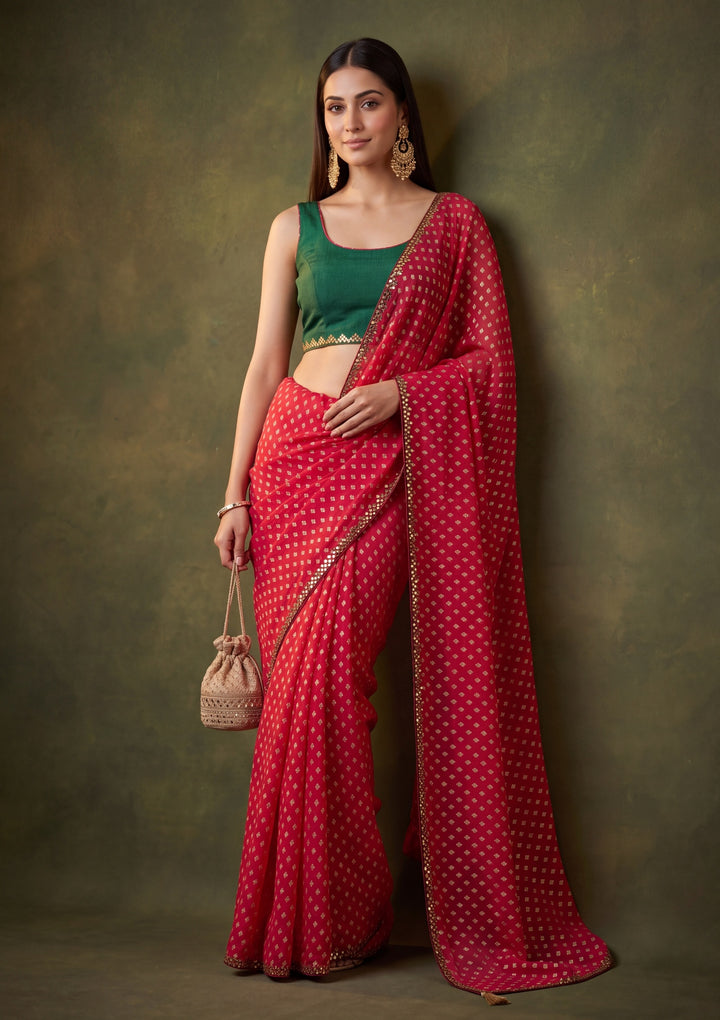 Rani Pink Chanderi Mirrorwork Saree With Matching Blouse Piece