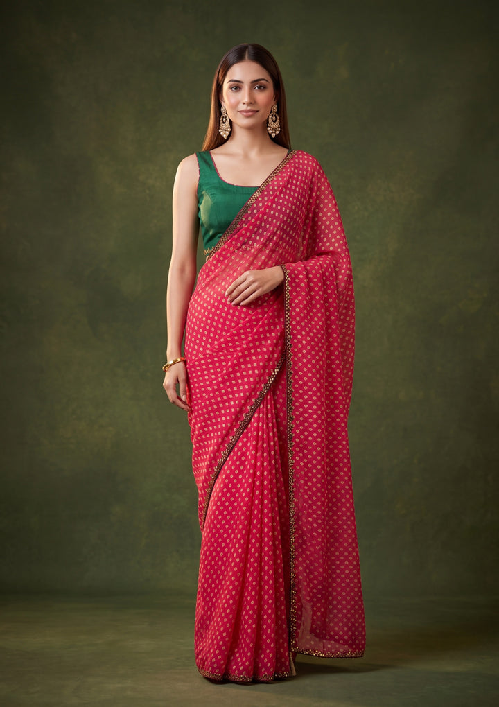 Rani Pink Chanderi Mirrorwork Saree With Matching Blouse Piece