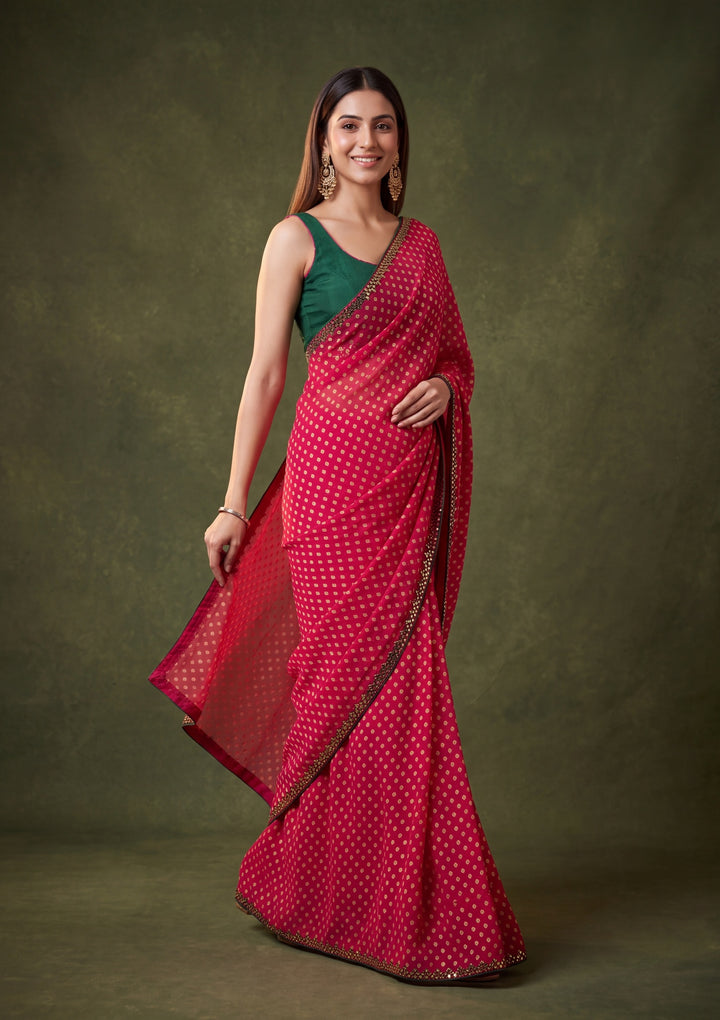 Rani Pink Chanderi Mirrorwork Saree With Matching Blouse Piece