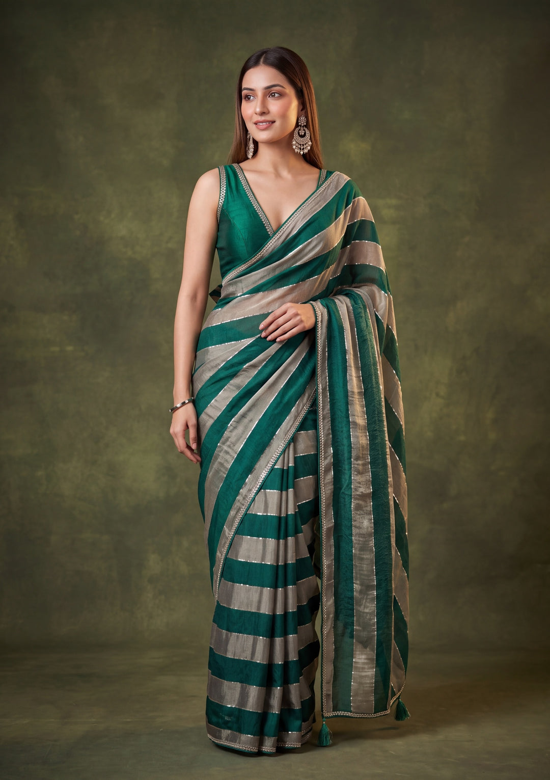 Bottle Green Tissue Mirrorwork Saree With Matching Blouse Piece