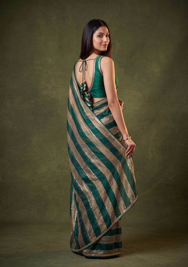 Bottle Green Tissue Mirrorwork Saree With Matching Blouse Piece