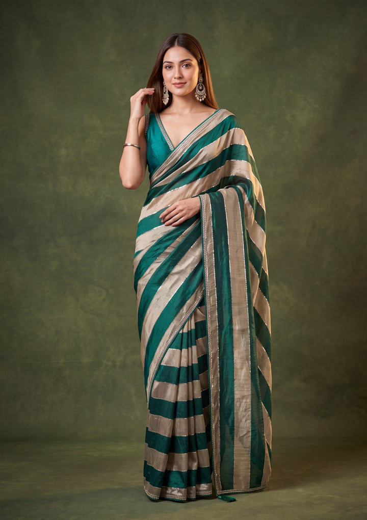 Bottle Green Tissue Mirrorwork Saree With Matching Blouse Piece
