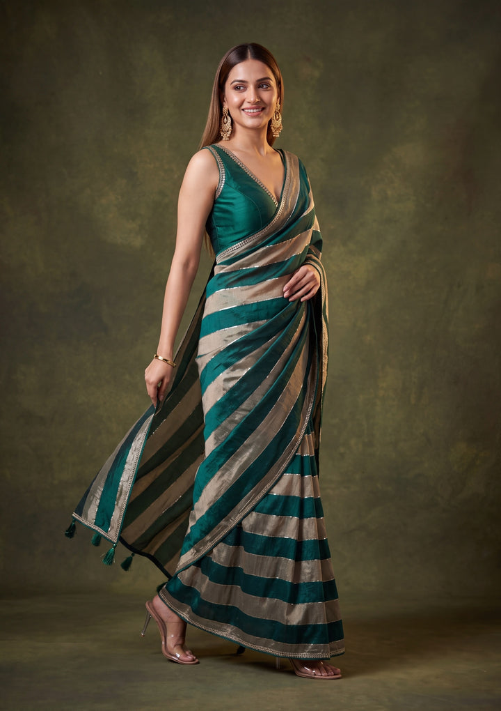 Bottle Green Tissue Mirrorwork Saree With Matching Blouse Piece