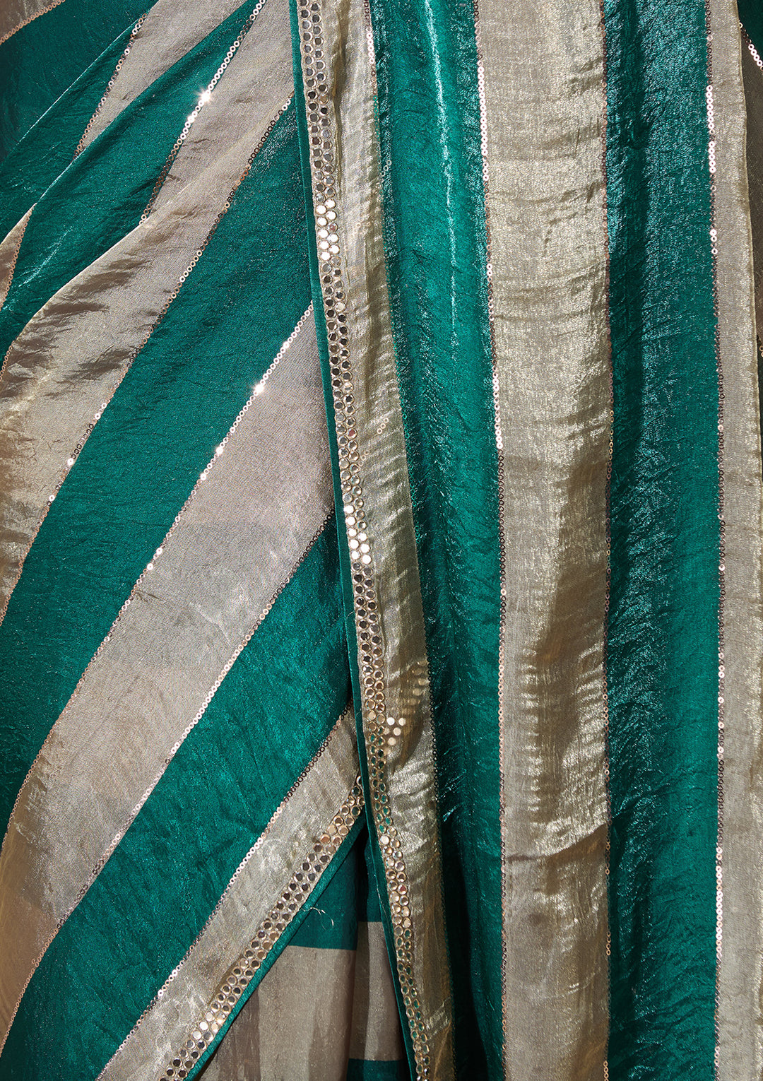 Bottle Green Tissue Mirrorwork Saree With Matching Blouse Piece