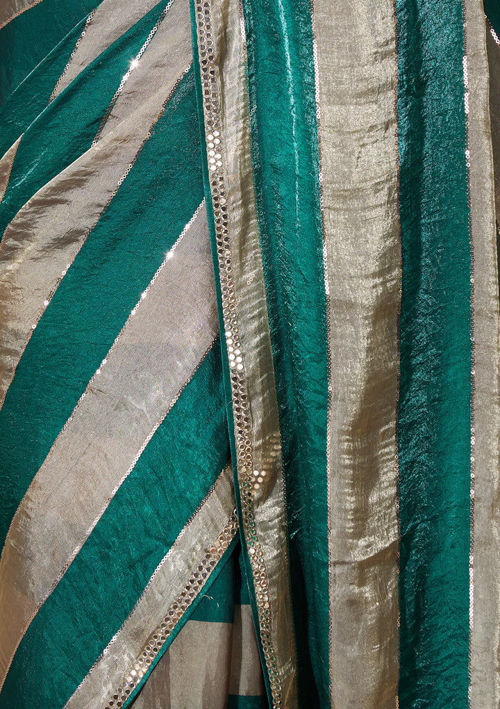 Bottle Green Tissue Mirrorwork Saree With Matching Blouse Piece