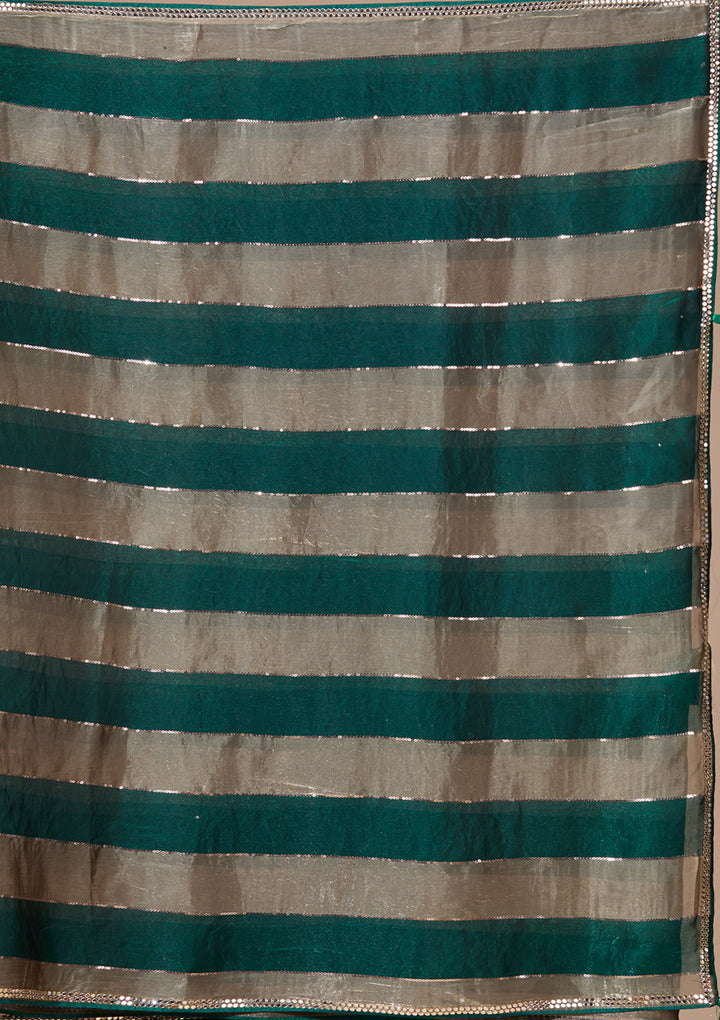 Bottle Green Tissue Mirrorwork Saree With Matching Blouse Piece