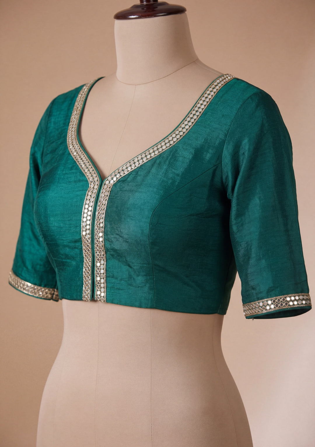 Bottle Green Tissue Mirrorwork Saree With Matching Blouse Piece