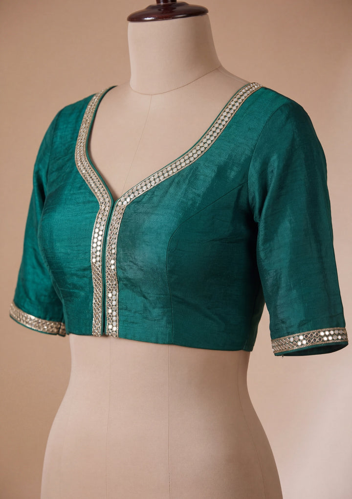 Bottle Green Tissue Mirrorwork Saree With Matching Blouse Piece