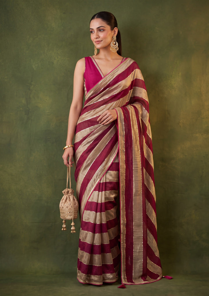 Magenta Pink Tissue Mirrorwork Saree With Matching Blouse Piece