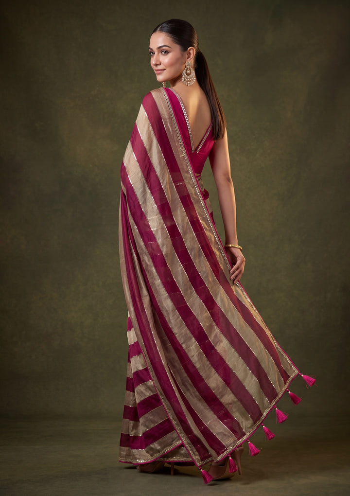 Magenta Pink Tissue Mirrorwork Saree With Matching Blouse Piece