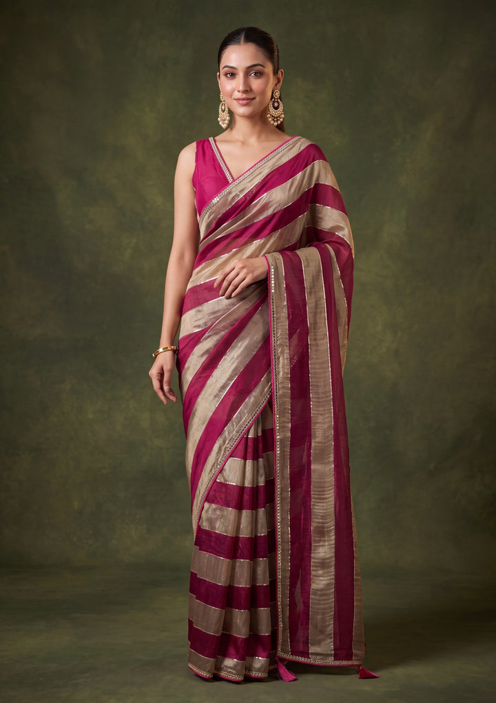 Magenta Pink Tissue Mirrorwork Saree With Matching Blouse Piece