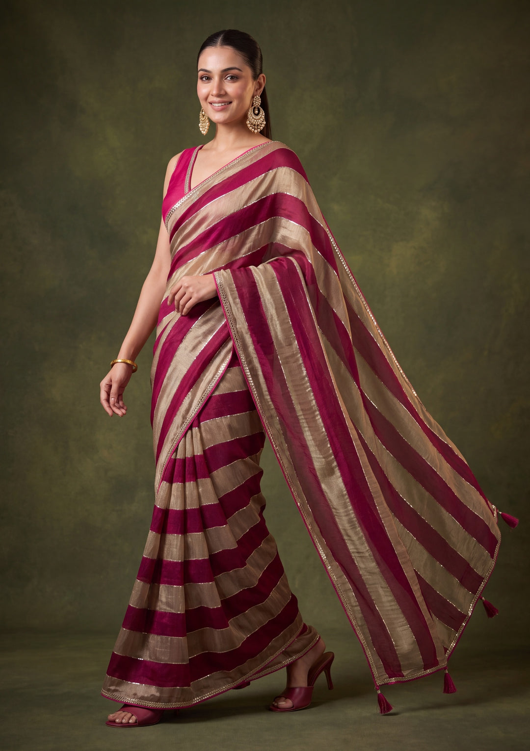 Magenta Pink Tissue Mirrorwork Saree With Matching Blouse Piece