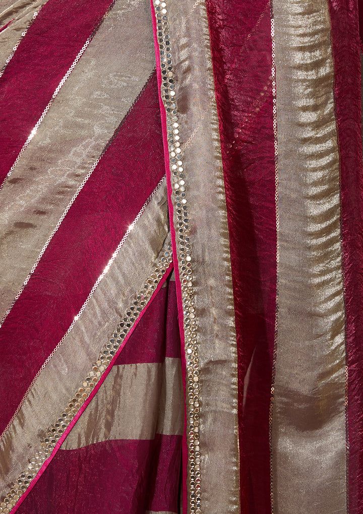 Magenta Pink Tissue Mirrorwork Saree With Matching Blouse Piece