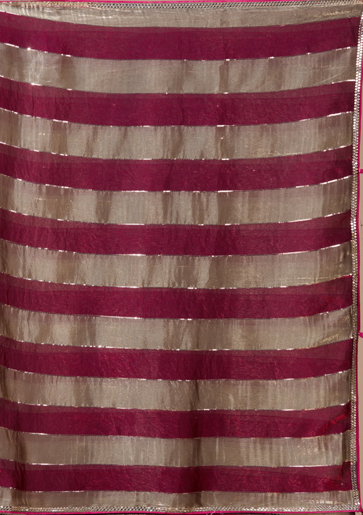 Magenta Pink Tissue Mirrorwork Saree With Matching Blouse Piece