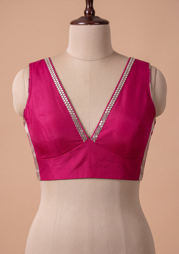 Magenta Pink Tissue Mirrorwork Saree With Matching Blouse Piece