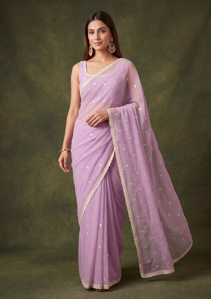 Lavender Chiffon Threadwork Saree With Matching Blouse Piece
