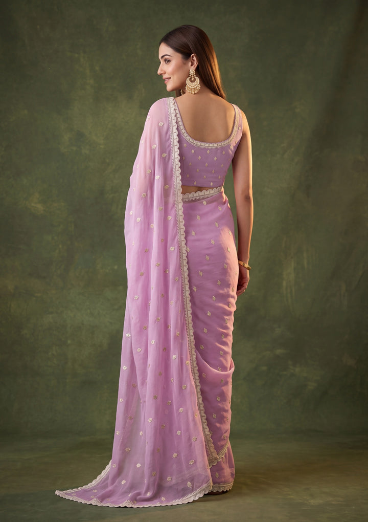 Lavender Chiffon Threadwork Saree With Matching Blouse Piece