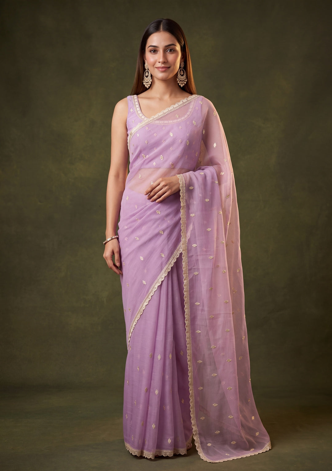 Lavender Chiffon Threadwork Saree With Matching Blouse Piece
