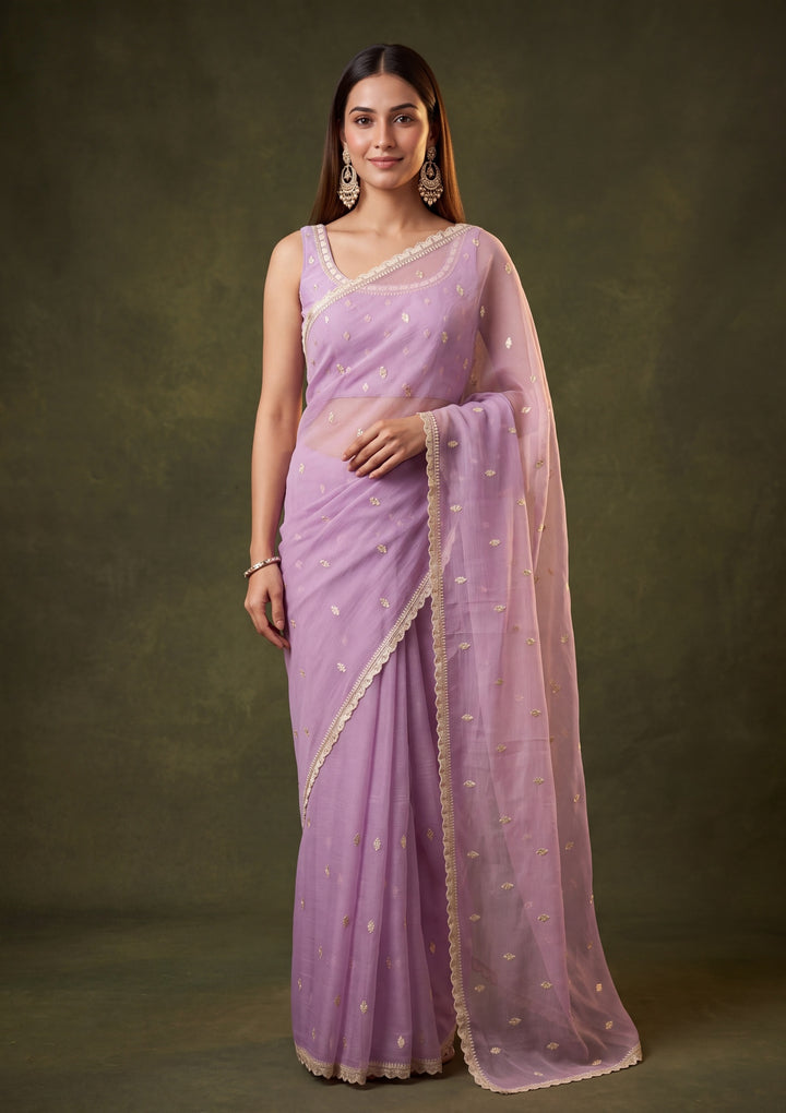 Lavender Chiffon Threadwork Saree With Matching Blouse Piece