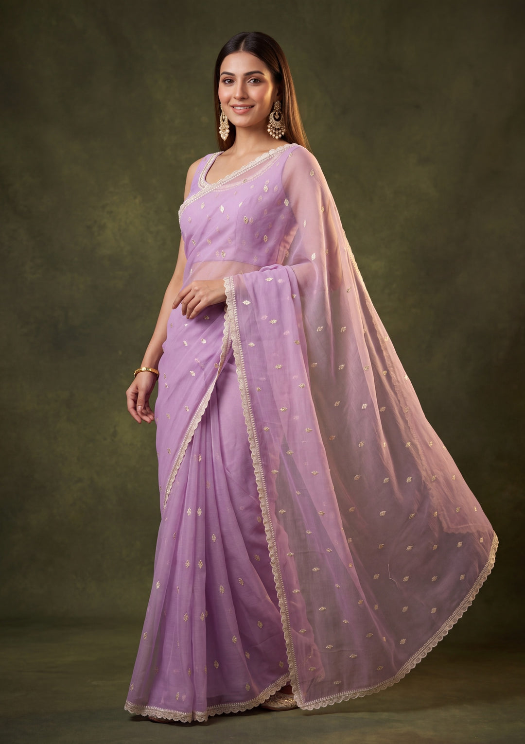 Lavender Chiffon Threadwork Saree With Matching Blouse Piece