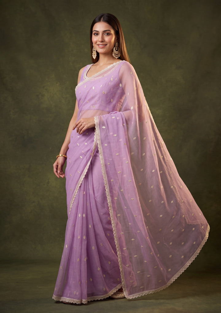 Lavender Chiffon Threadwork Saree With Matching Blouse Piece