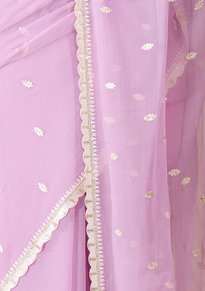 Lavender Chiffon Threadwork Saree With Matching Blouse Piece