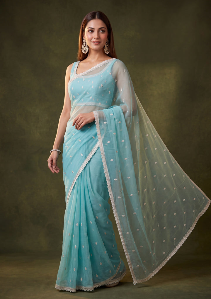 Sky Blue Chiffon Threadwork Saree With Matching Blouse Piece