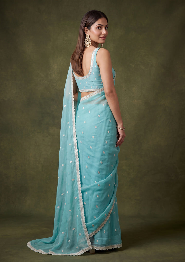 Sky Blue Chiffon Threadwork Saree With Matching Blouse Piece
