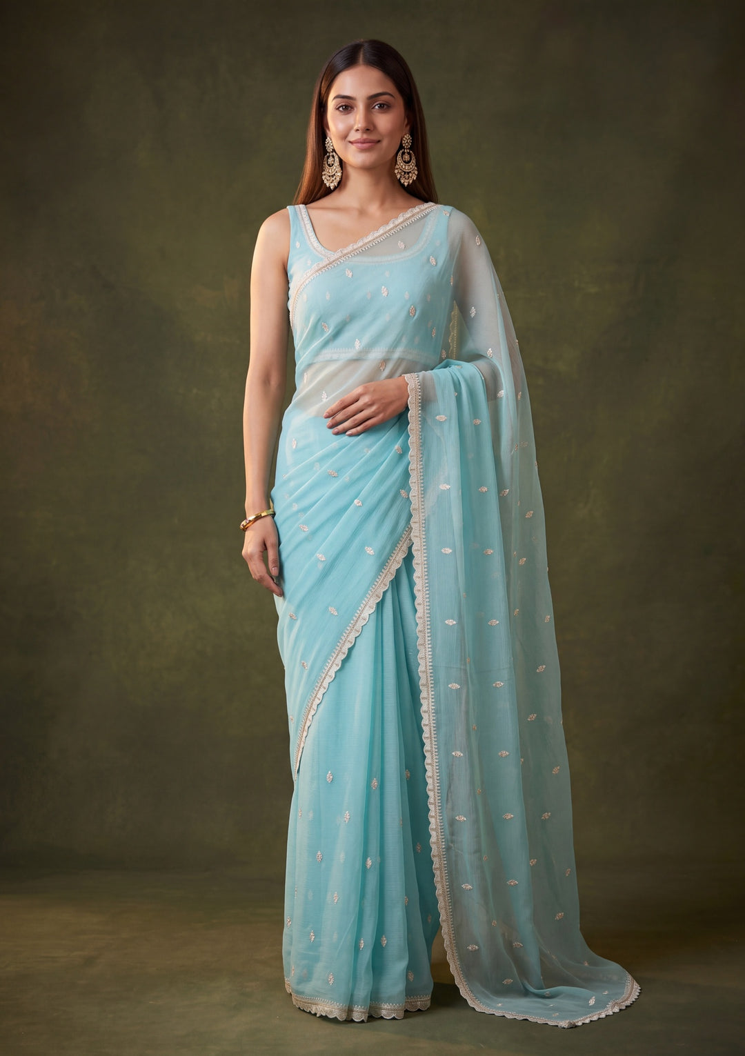 Sky Blue Chiffon Threadwork Saree With Matching Blouse Piece
