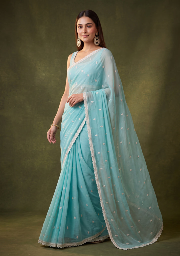 Sky Blue Chiffon Threadwork Saree With Matching Blouse Piece